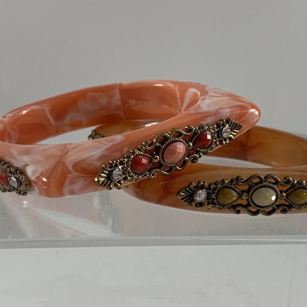 Lot of 2 Plastic Bejeweled Square Bangles Pink Tan Marbling Look Rhinestones
